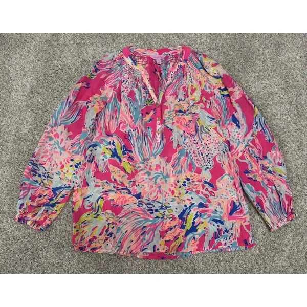 Lilly Pulitzer Elsa Silk Top Sunken Treasure Dragonfruit Print Blouse Size S - Image 2
