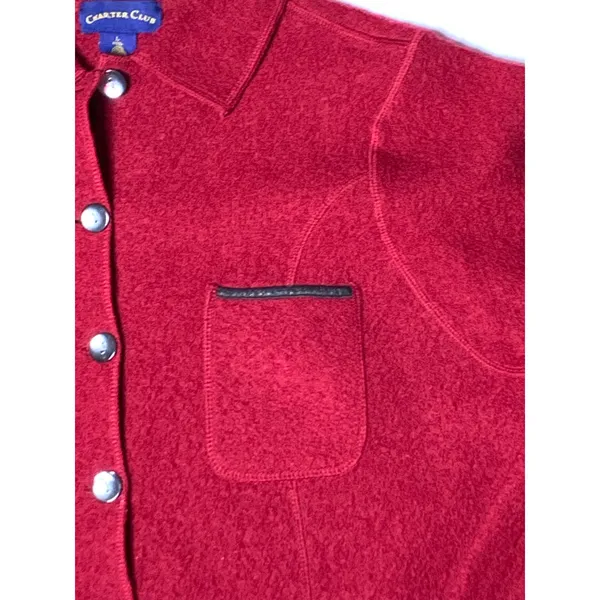 Charter Club Womens L Red 100% Wool Jacket 4 Pocket Button Front Leather Trim - Image 12