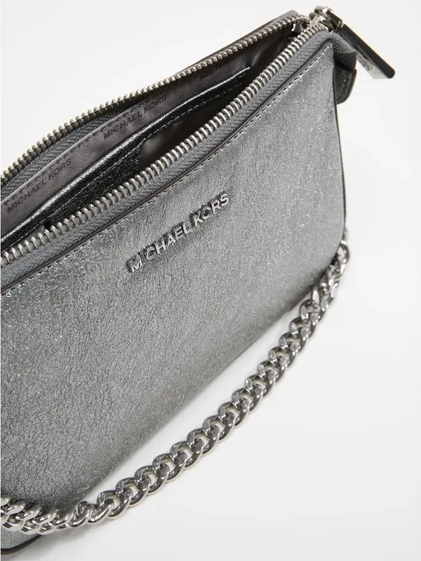 Michael Kors Pouchette Wrislet Gunmetal Metallic Leather Silver Chain Strap - Image 12
