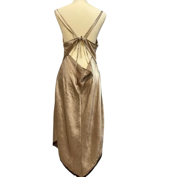 VTG Gold Champagne Satin Slip Dress Open Back Y2K Coquette Adjustable Tie Back - Image 2
