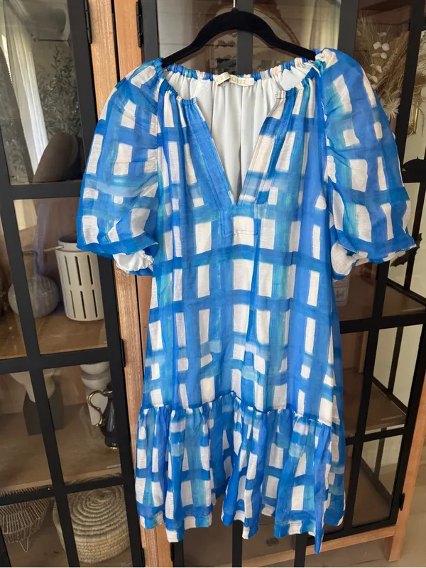 Marie Oliver greta mini dress gingham plaid amalfi silk linen raglan puff sleeve - Image 2