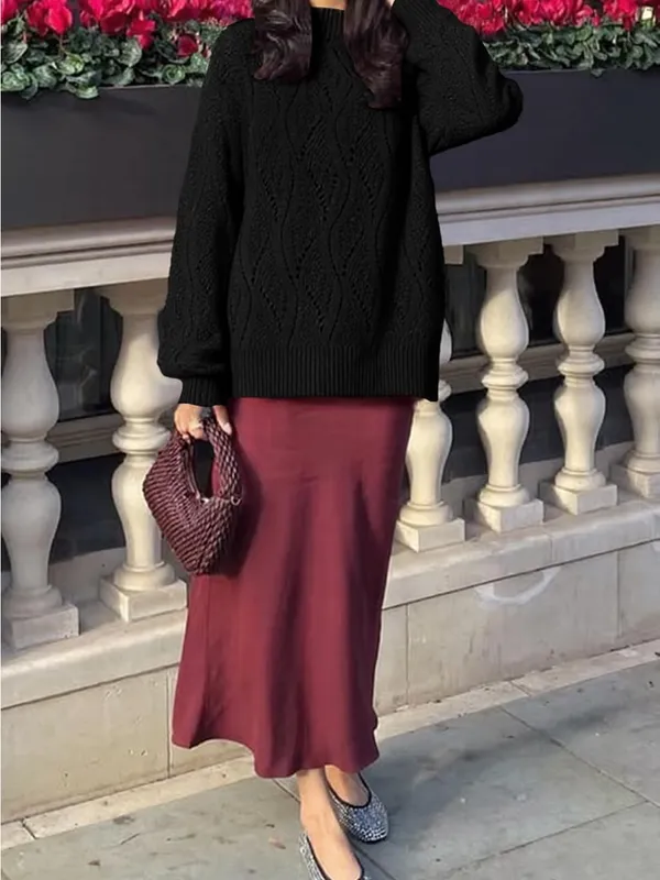 Merokeety NWT Oversized Pullover Crochet Lantern Long Sleeve Mock Neck Casual Loose Tops M - Image 3