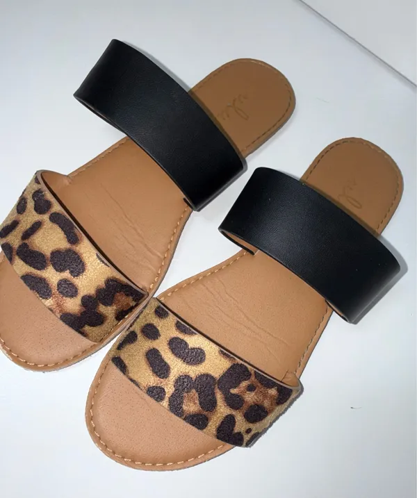 Lulus Time To Chill Black & Leopard Sandals Double Strap Slip On - Image 4