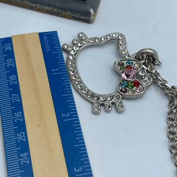 Vintage Hello Kitty outline rhinestone silvertone tone necklace - Image 3