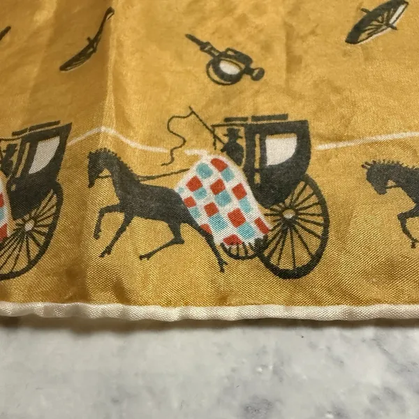 Horse Carriage Yellow Rolled Edges Hand Stitched 17" Square Scarf, 1950s, MCM - Image 10