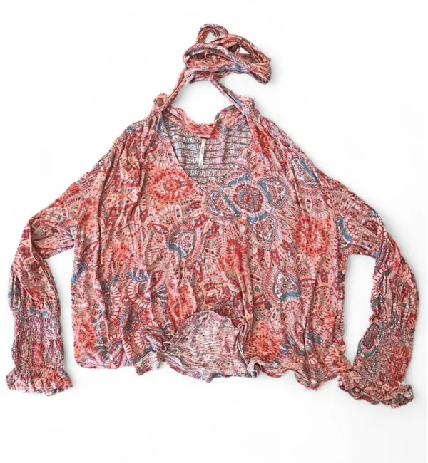 Free People Vista Dreams Top Printed Smocked Long Sleeve V Neck Blouse Tie M - Image 4