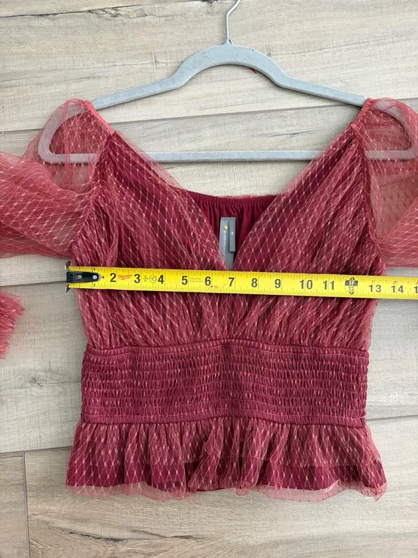 Anthropologie Tulle V Neck Blouse Bordeaux Red Sheer Smocked Peplum Top XS - Image 9