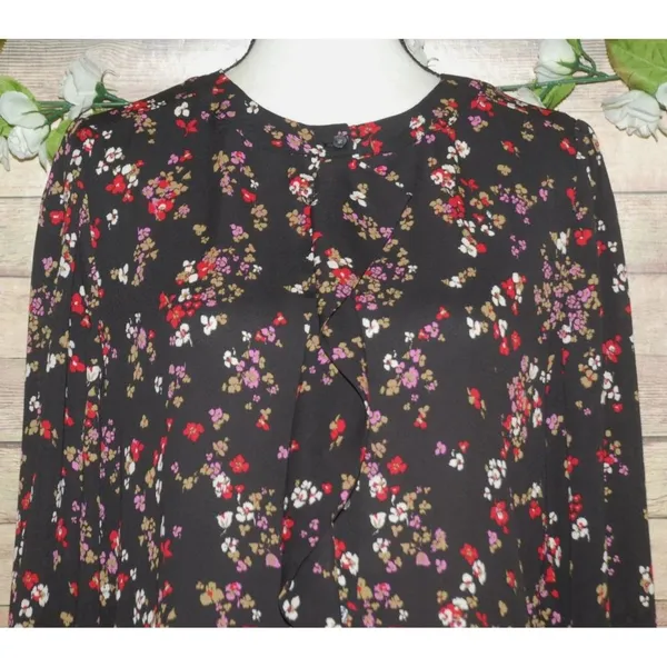 Ann Taylor Ladies Black Floral Long Sleeve Blouse Size S Button Up Ruffle Front - Image 2