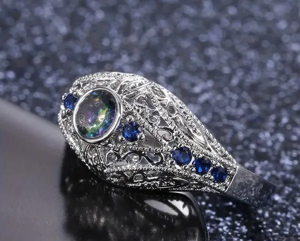 Luxury Retro 925 Silver Geometric Pattern Inlaid Ring Size 7 - Image 5