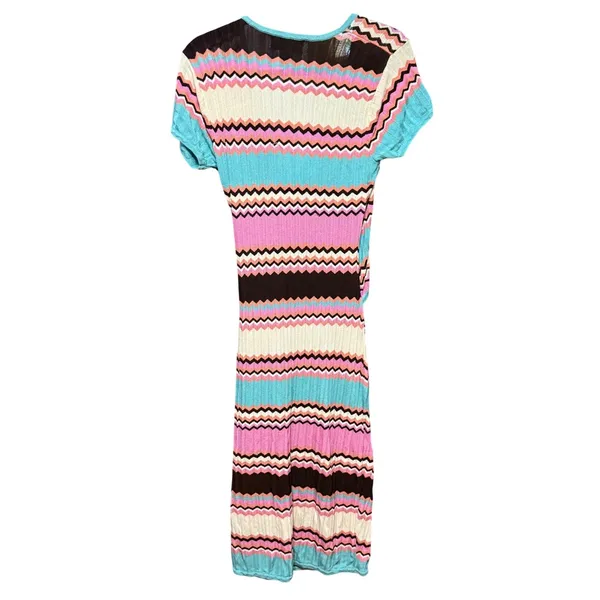 Bloomingdales Pink Turquoise Chevron Zigzag‎ Knit Wrap Midi Dress Vintage Med - Image 2