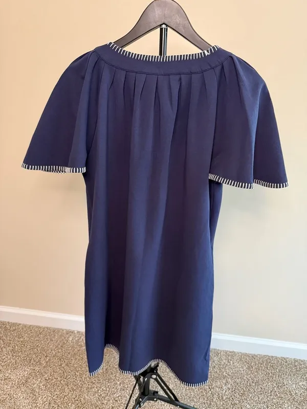 Beaulane Navy Blue Split Neck Contrast Whipstitch Trim Mini Dress with Pockets-S - Image 2
