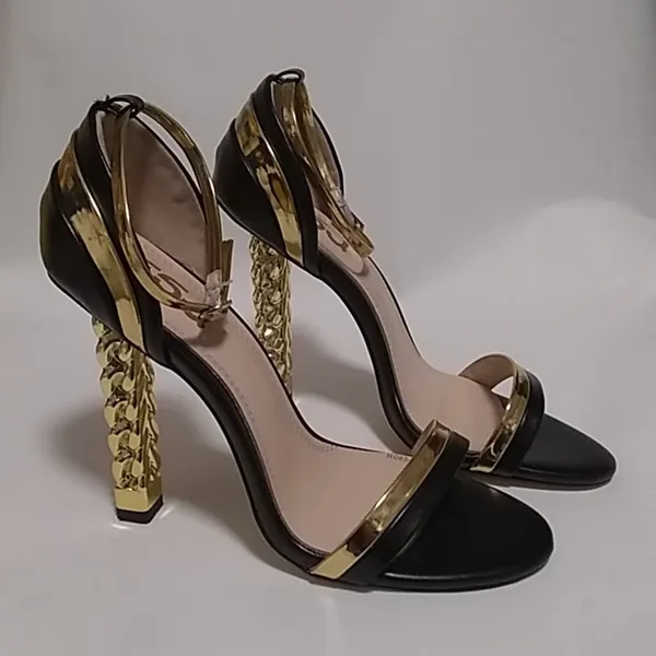 FINAL MARKDOWN FSJ Fashion Gold Metal Tone chain heel Party Pumps size 9 - Image 4