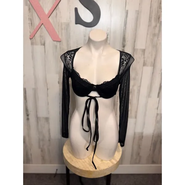 Black Lace Mesh Tie Front Crop Top XS Sheer Long Sleeve Bolero Style - Image 7