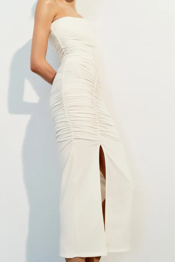 ZARA Sad maxi dress ruched stretch white wedding Elegant White One-Shoulder evening - Image 11