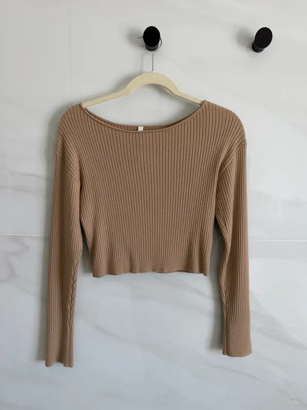 Ribbed Knit Cropped Long Sleeve Sweater Boatneck Camel Tan - Image 2