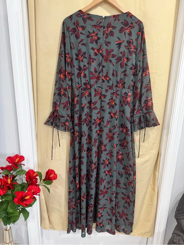Madewell Green Floral Winter Orchid Willowleaf Tie Sleeves Maxi Dress 10 - Image 4