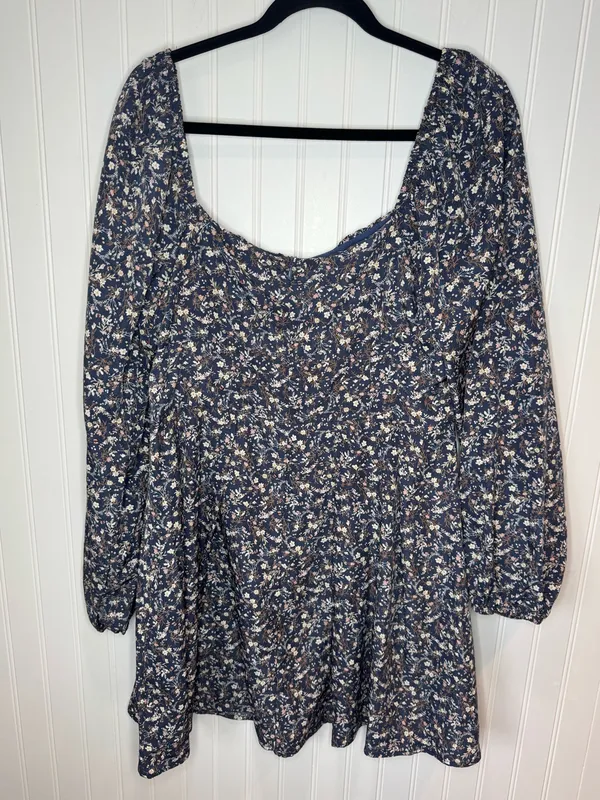 Lush Womens Navy Square Neck Floral Mini Dress Puff Sleeves Elastic Cuff XL - Image 2