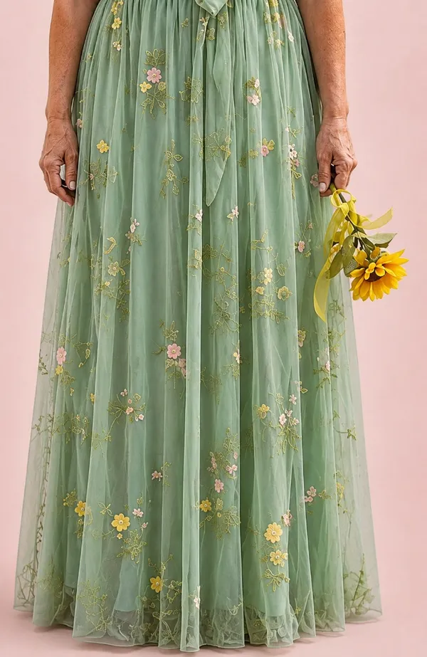 Sage Green floral embroidered special occassion dress - Image 3