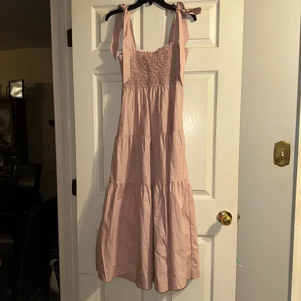 En Saison Smocked Tiered Midi Dress Tie Strap Casual Pink Size S‎ - Image 4