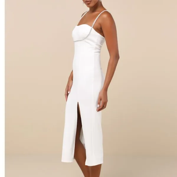 Lulus NWOT Upscale Flirt Ivory Rhinestone Sleeveless Bodycon Midi Dress XS - Image 3