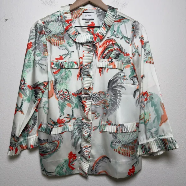 J. Crew Collection‎ Women Rooster Top M White Pleated Button Front Top Novelty - Image 3