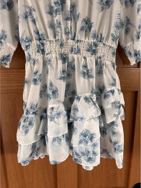 NWT The Shirt Rochelle Behrens Tiered Mini Dress White Blue Floral Women’s Small - Image 5