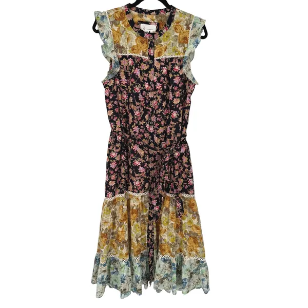 Anthropologie Sleeveless Ruffled Patchwork Floral Tiered Midi Dress Size Large - Image 4