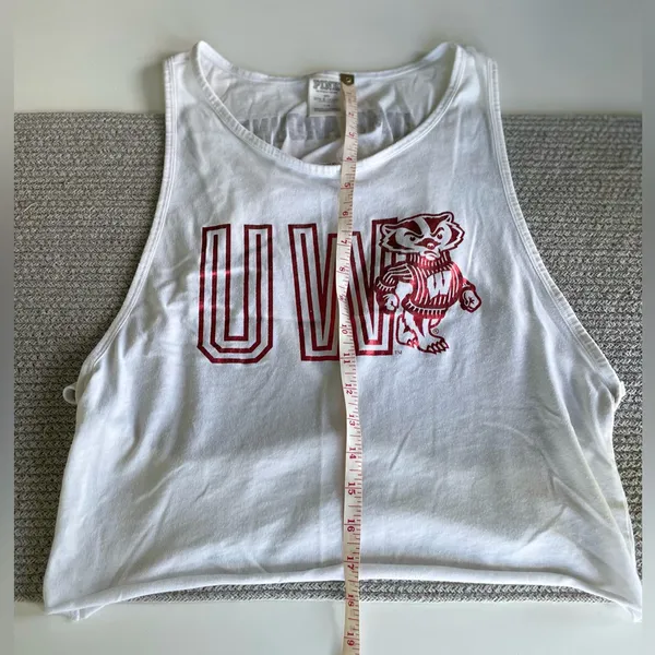 PINK UW Madison Badgers Cropped Backless Foil Print Graphic Tank Top Sz Large - Image 6