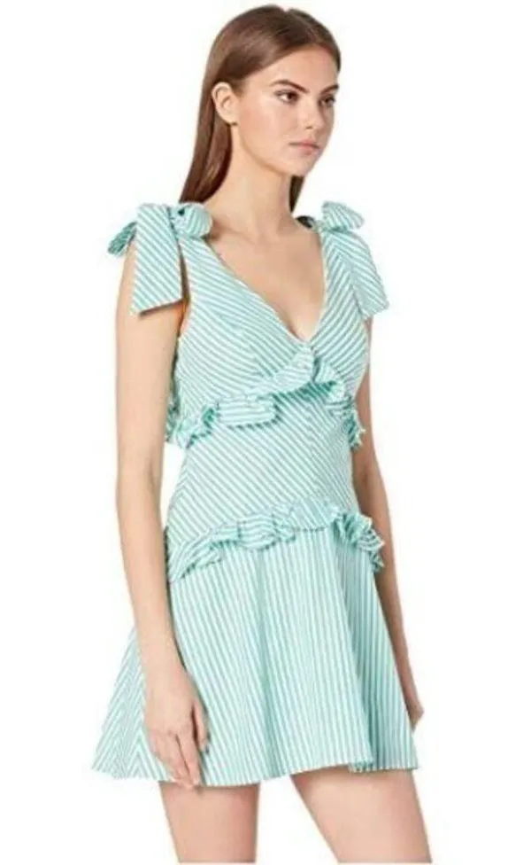BCBGeneration Green and White Striped V-Neck Tie Shoulder Dress - Image 12