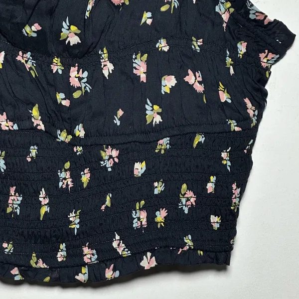 Free People Black Floral‎ Smocked Crop Top Tie Shoulder Adjustable M - Image 9
