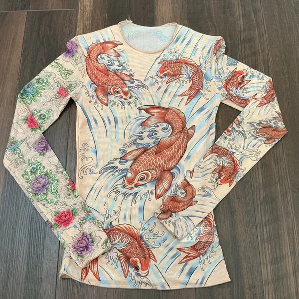 Miami Ink Tattoo Print Mesh Top Tan Koi Fish Floral Long Sleeve Y2K Slim XS/S - Image 2