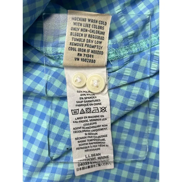 L.L.Bean Womens Medium Button-Up Gingham Shirt Blue & Green Long Sleeve 23i - Image 7