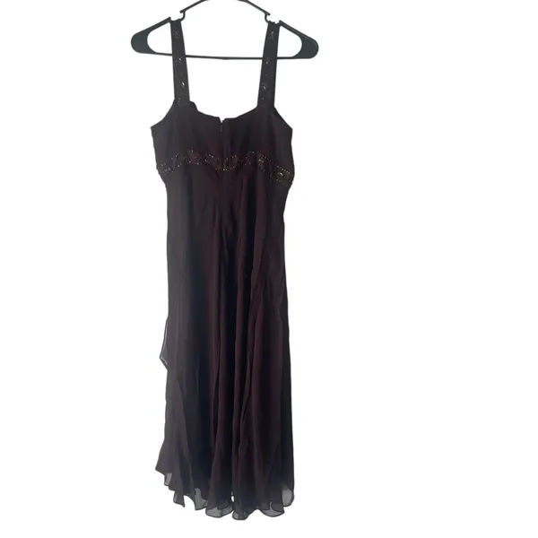 Jones New York Dress Y2k Size 10 Brown Chiffon 100%‎ Silk Beaded Midi Dress - Image 6