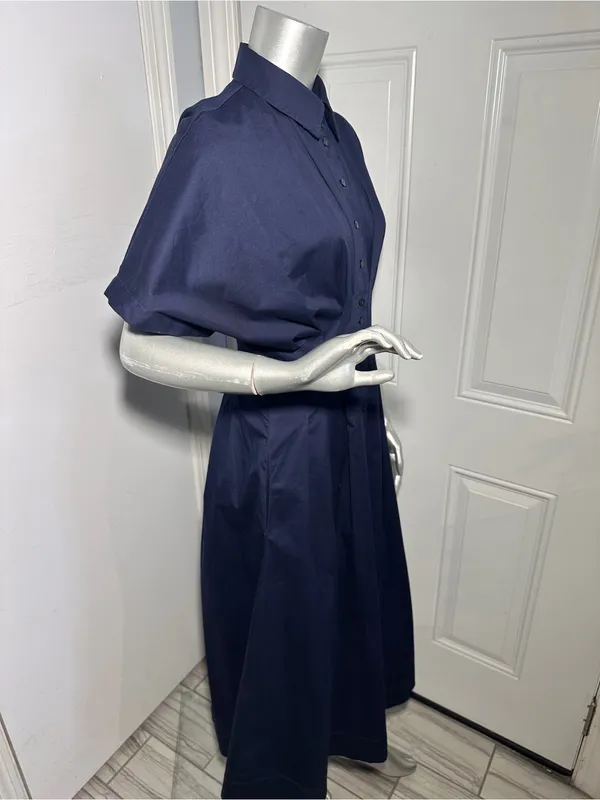Quince Stretch Cotton Poplin Pleated Midi Shirt Dress Deep Navy Womens Size S - Image 6