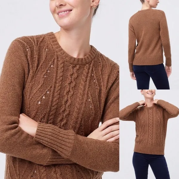 NWT J.Crew Pointelle cable-front  sweater Wool Blend Small Brown - Image 3