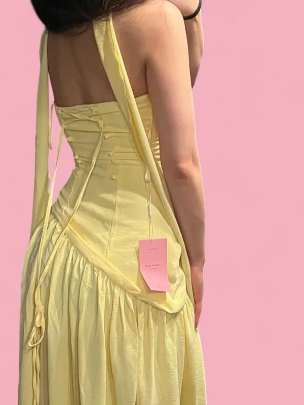 yellow strapless maxi dress with high side slit and dupatta neck scarf - Image 4