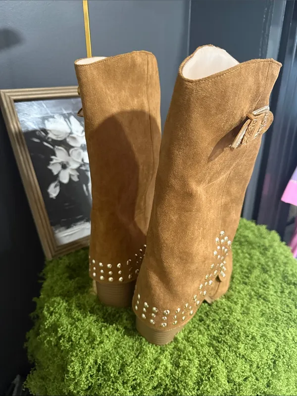 Women's Tan Suede Studded Western Boots - Image 2