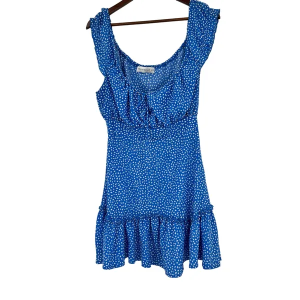 Hello Molly Blue Print Lorelai Mini Dress ruffle sleeve tie front flirty medium - Image 2