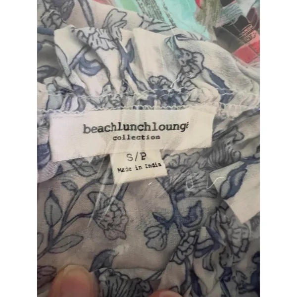 Beachlunchlounge‎ White Blue Floral Ruffle Neck Cotton Sleeveless Blouse Small - Image 9