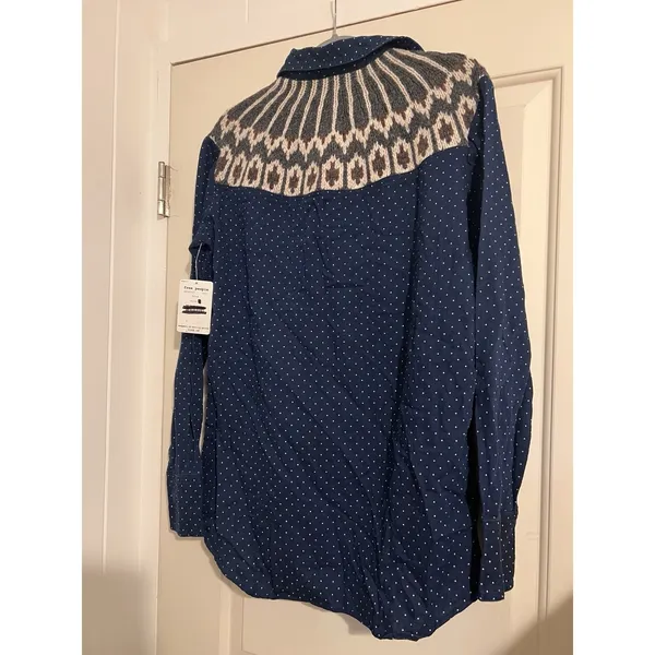 Free People Blue Polka Dot Western Button Down Festival Long Sleeve Flannel‎ Top - Image 4