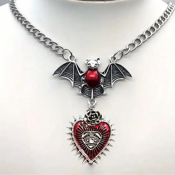 Gothic Red Bat Devil Eye Heart Pendant Silver Plated‎ Necklace Fashion Jewelry - Image 3