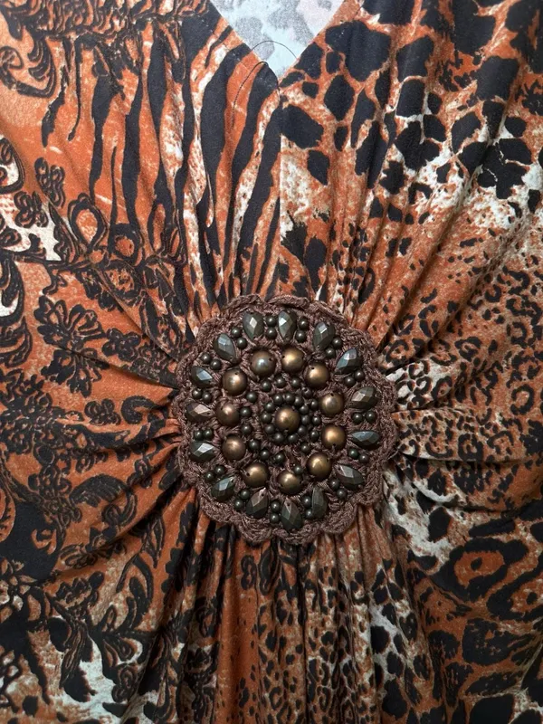 Rafaella V-Neck Blouse Size M Brown Animal Print Beaded Center - Image 3
