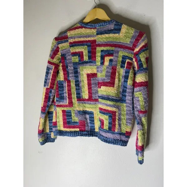 Talbots Vintage Multi Color Geometric Zip Front Cotton Knit Cardigan Sweater M - Image 2