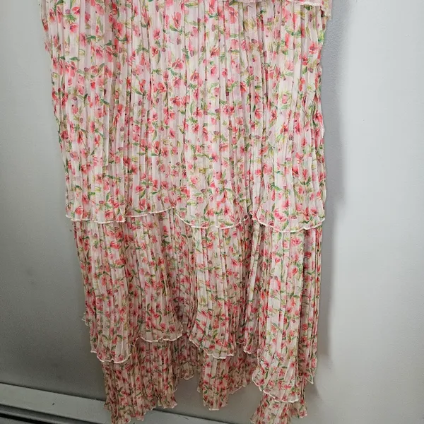 Something Navy Dress Floral Pleated Tiered Cream Multi Maxi Midi Garden Party - Image 5