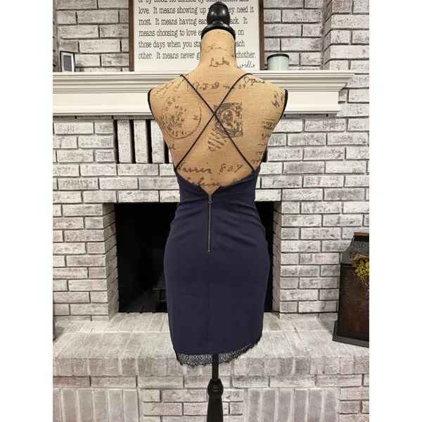 Alice &‎ Olivia Mini Slip Dress Women Size 2 Navy Blue Lace Trim Cross Back - Image 5