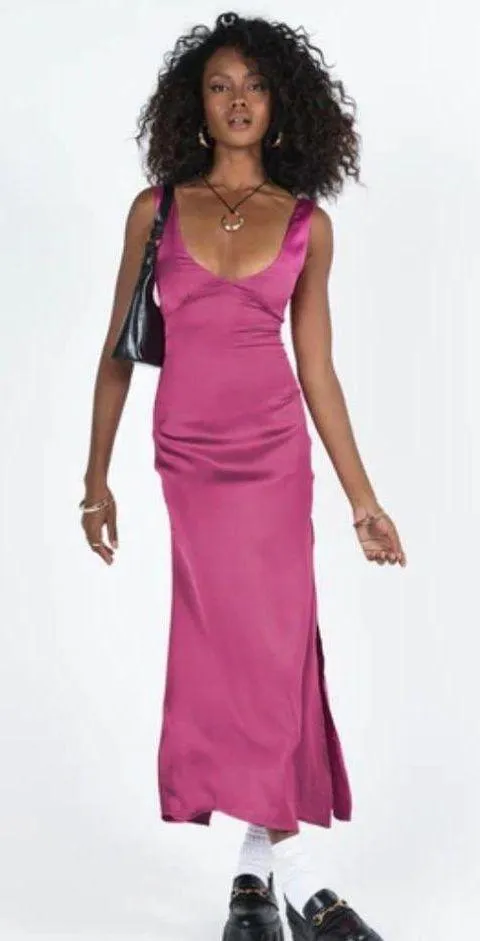 Princess Polly Lynsey Fuchsia Satin Side Slit Midi Dress 4 - Image 4