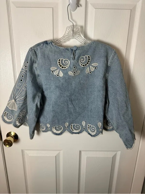 Farm Rio Denim Richelieu Kimono Sleeves Cropped Blouse M - Image 10