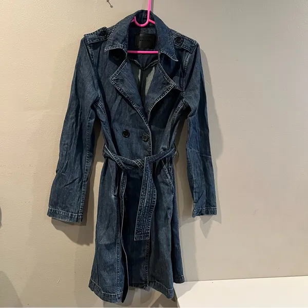 Women's Blank NYC Navy Blue Denim Belted Trench Coat Double Breasted Jacket XS - Image 3