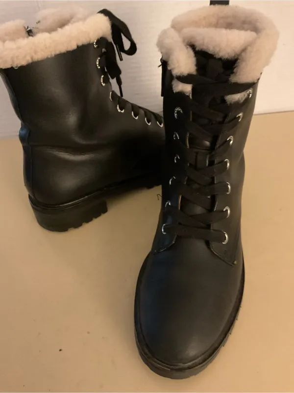 kate spade women Black leather faux fur Jemma platform combat heel boots US 7.5 - Image 7