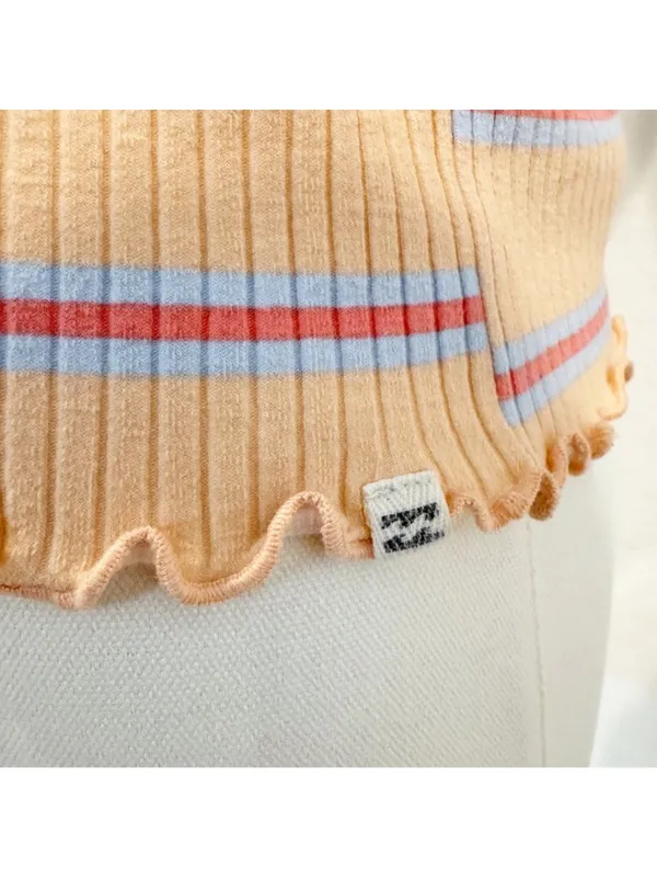 Billabong Tank Top Size Large Apricot Orange Striped‎ Ribbed Lettuce Trim Soft - Image 7